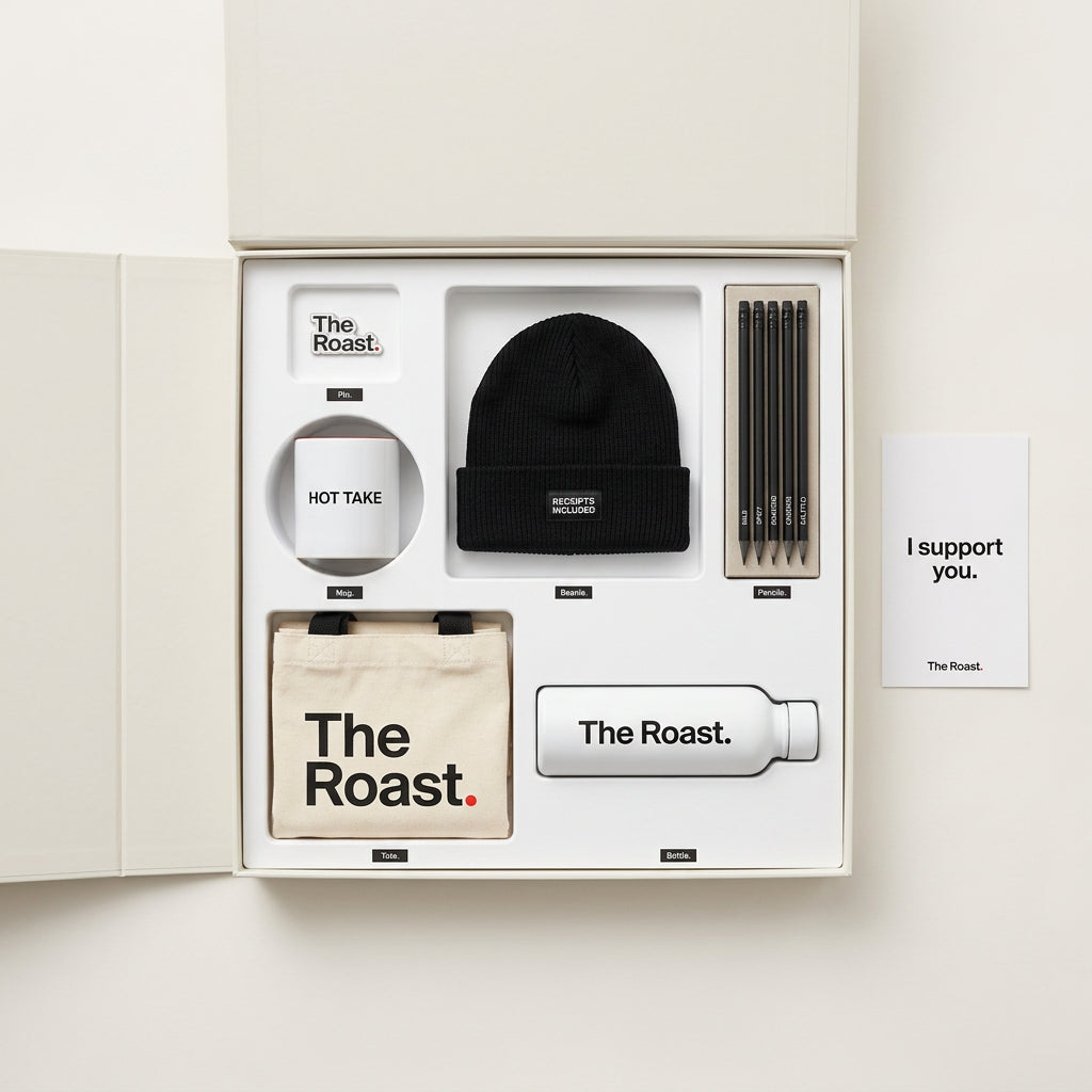 The Roast. founder gift box — light Apple-unboxing flat-lay: wordmark pin, Hot Take mug, Receipts Included beanie, hot take pencils, canvas tote, white water bottle, and an I support you. card.