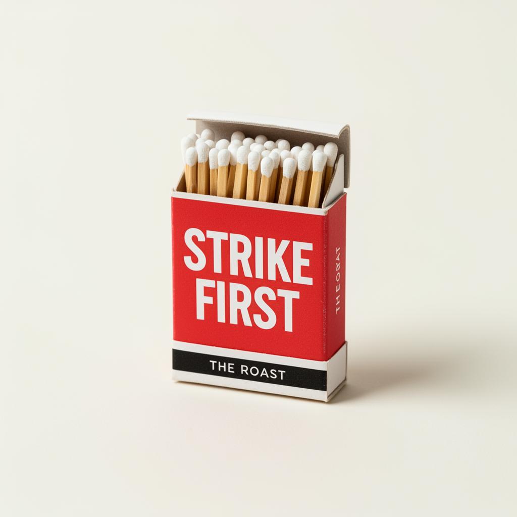 Red matchbook reading STRIKE FIRST in white with The Roast wordmark