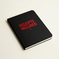 Black hardcover notebook with RECEIPTS INCLUDED debossed in red foil