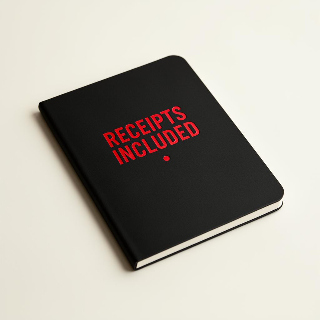 Black hardcover notebook with RECEIPTS INCLUDED debossed in red foil
