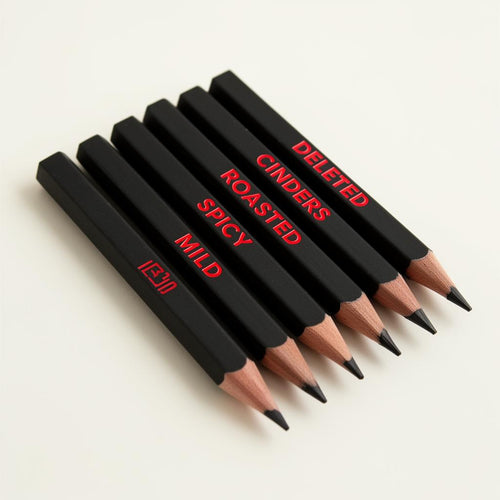 Six matte black pencils with red foil verdict words