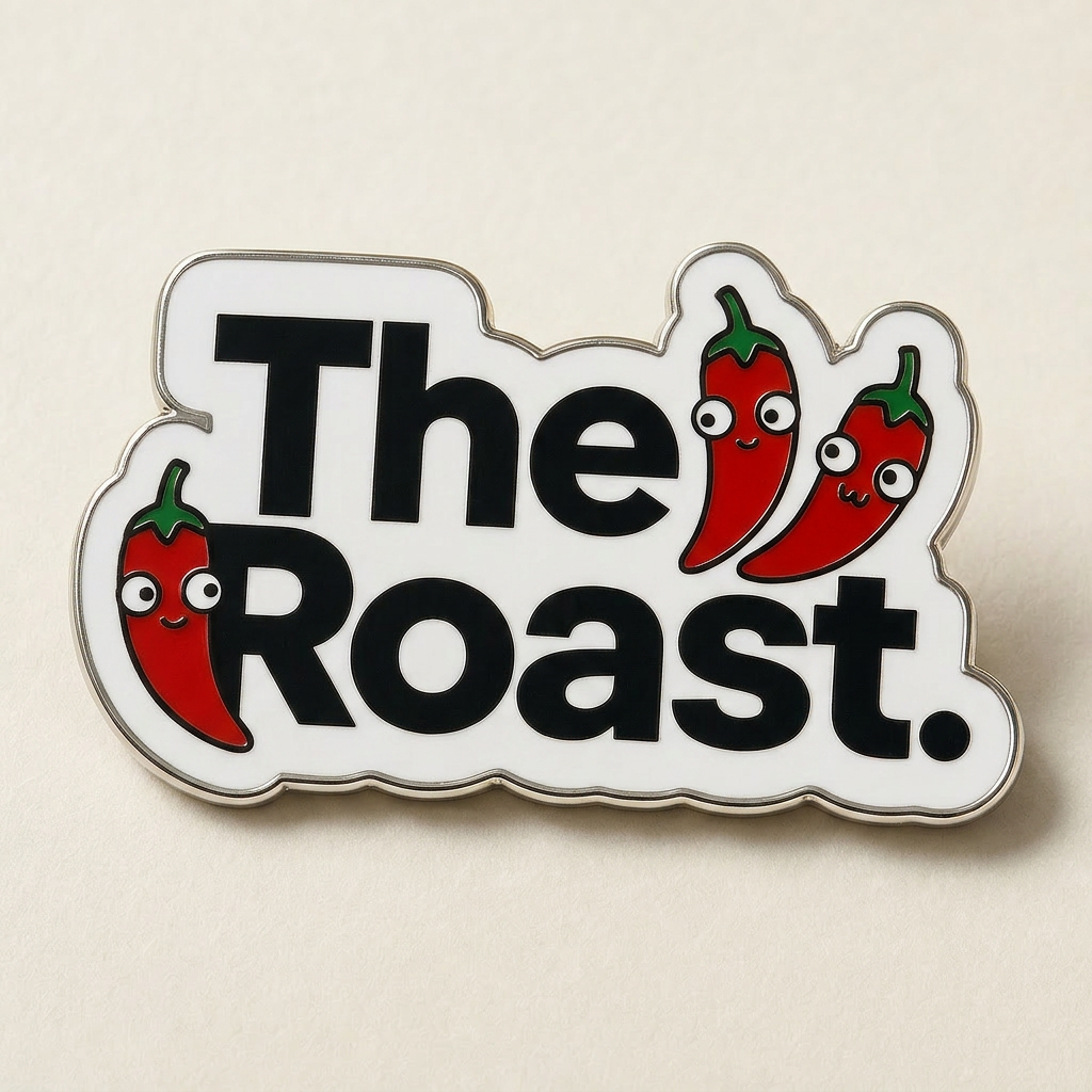 The Roast. wordmark enamel pin with chili peppers