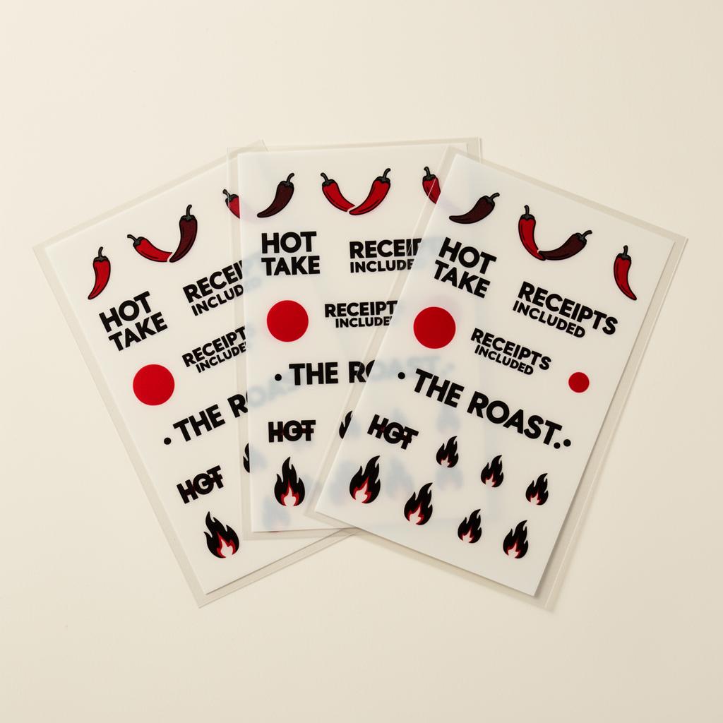 Three sheets of Roast temporary tattoos