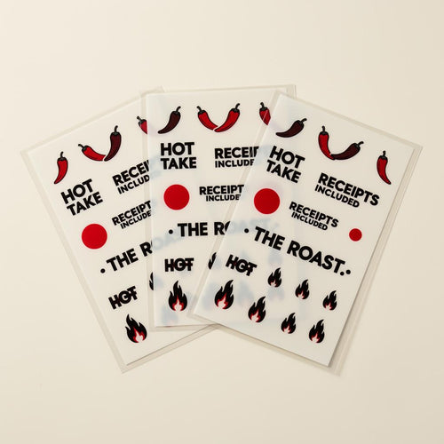 Three sheets of Roast temporary tattoos