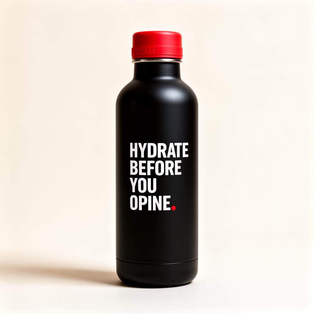 Matte black water bottle reading HYDRATE BEFORE YOU OPINE.