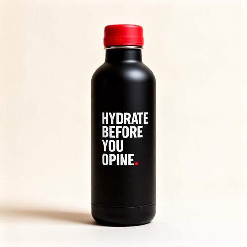 Matte black water bottle reading HYDRATE BEFORE YOU OPINE.